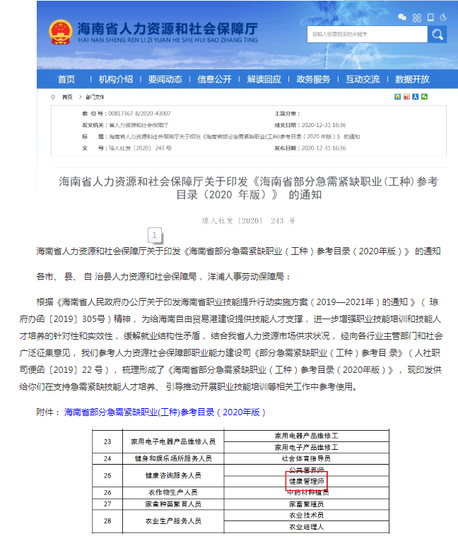 海南省人社局2019—2021年將健康管理師列為需緊缺職業(yè)！
